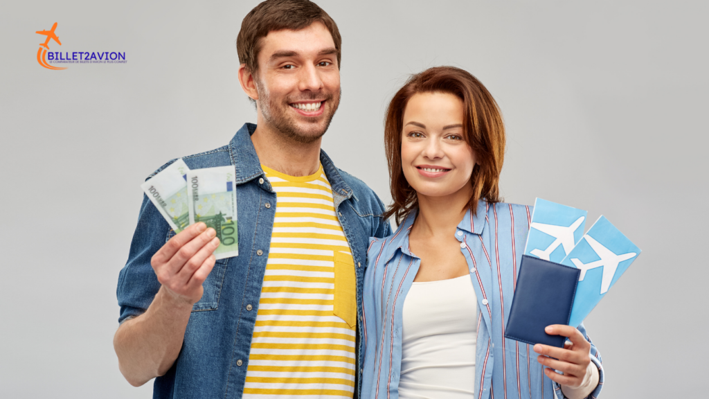 Couple économisant sur un vol pas cher Afrique du Nord avec billets d’avion près de chez vous